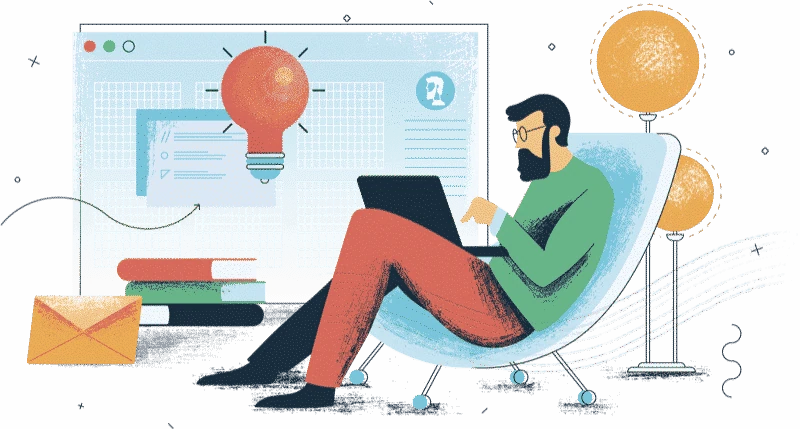 John, o primeiro cliente: ilustração de um homem usando o notebook numa poltrona